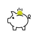A piggy bank outlined in black with a green coin entering the money slot. 