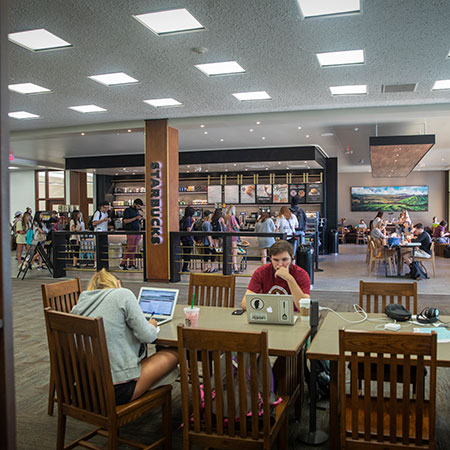 Two students sit at a table across from each other in USC's Thomas Cooper Library.  Both are looking at a laptop screen. 