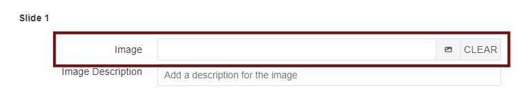 Slide 1 banner options screen. Shows the Image upload options emphasized with a garnet rectangle, with an empty filepath name field next to buttons for uploading a photo and clearing the selection. Below, the Description field shows placeholder text: Add a description for the image.