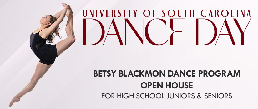 Female dancer in jump on the left with USC Dance Day text on the right.