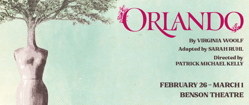 An illustration of a costume "dummy" with a tree growing out of the neck against a blue background next to the logo for the play Orlando in pink.