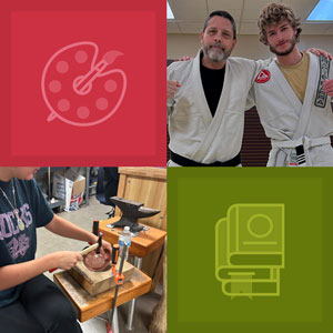 four squares with images and icons representing cool classes for fall 2026